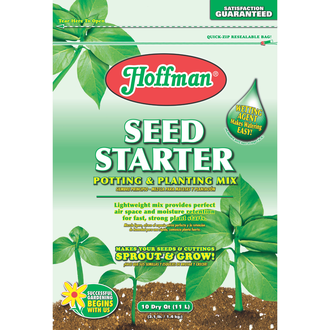 Hoffman Seed Starter potting and planting mix packaging with green leaves and text.