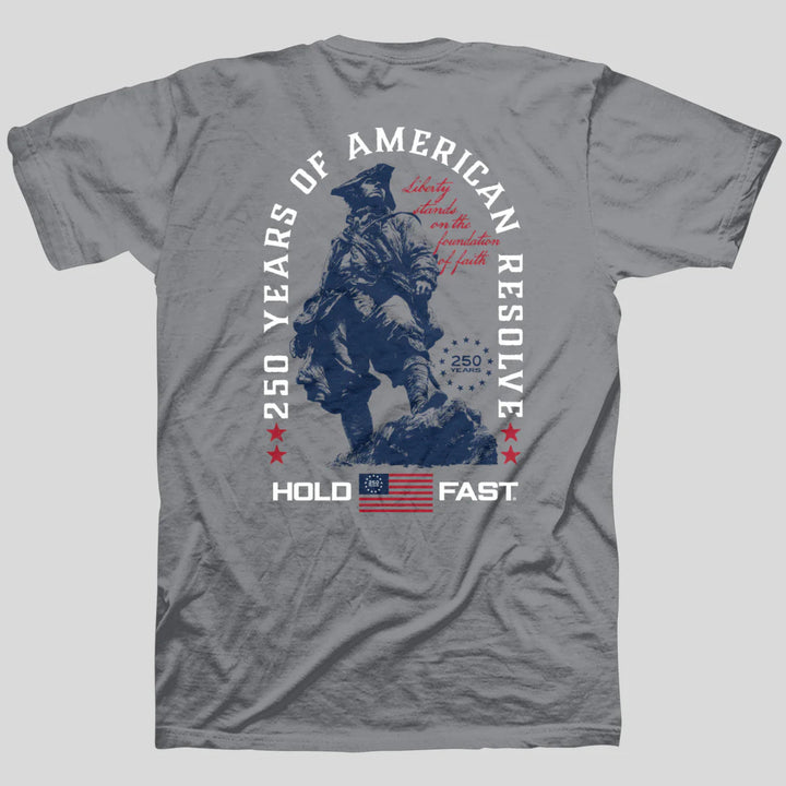 Gray t-shirt with a graphic of a statue and text on the back, displayed on a white background.