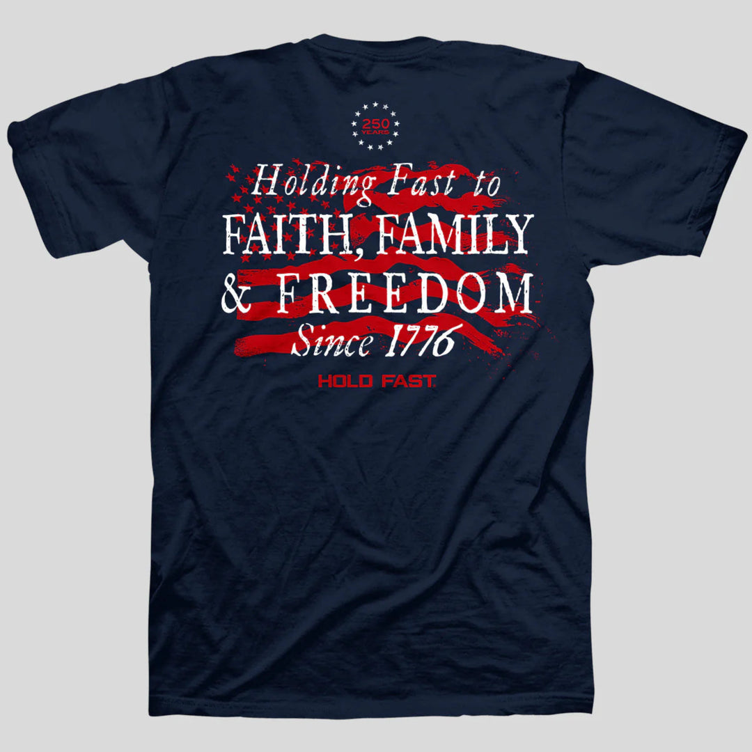 Navy blue t-shirt with red and white text and graphics on a gray background