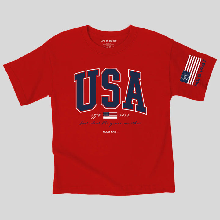 Red t-shirt with 'USA' text and American flag design on a gray background