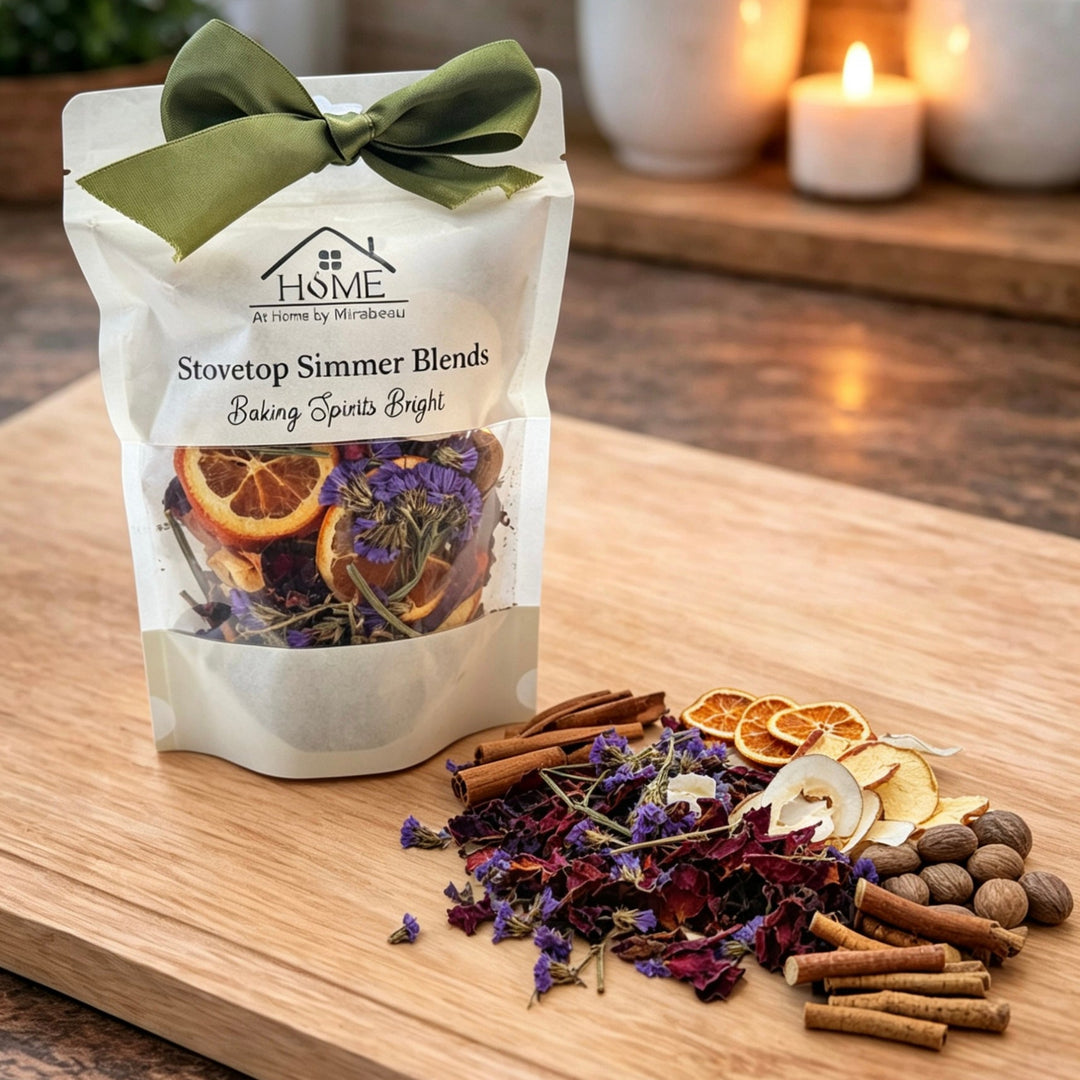 A stand-up pouch of stovetop simmer blends with a green bow, placed on a wooden cutting board beside loose dried herbs, cinnamon sticks, and citrus slices. The background shows a softly blurred kitchen scene with candles and plants.