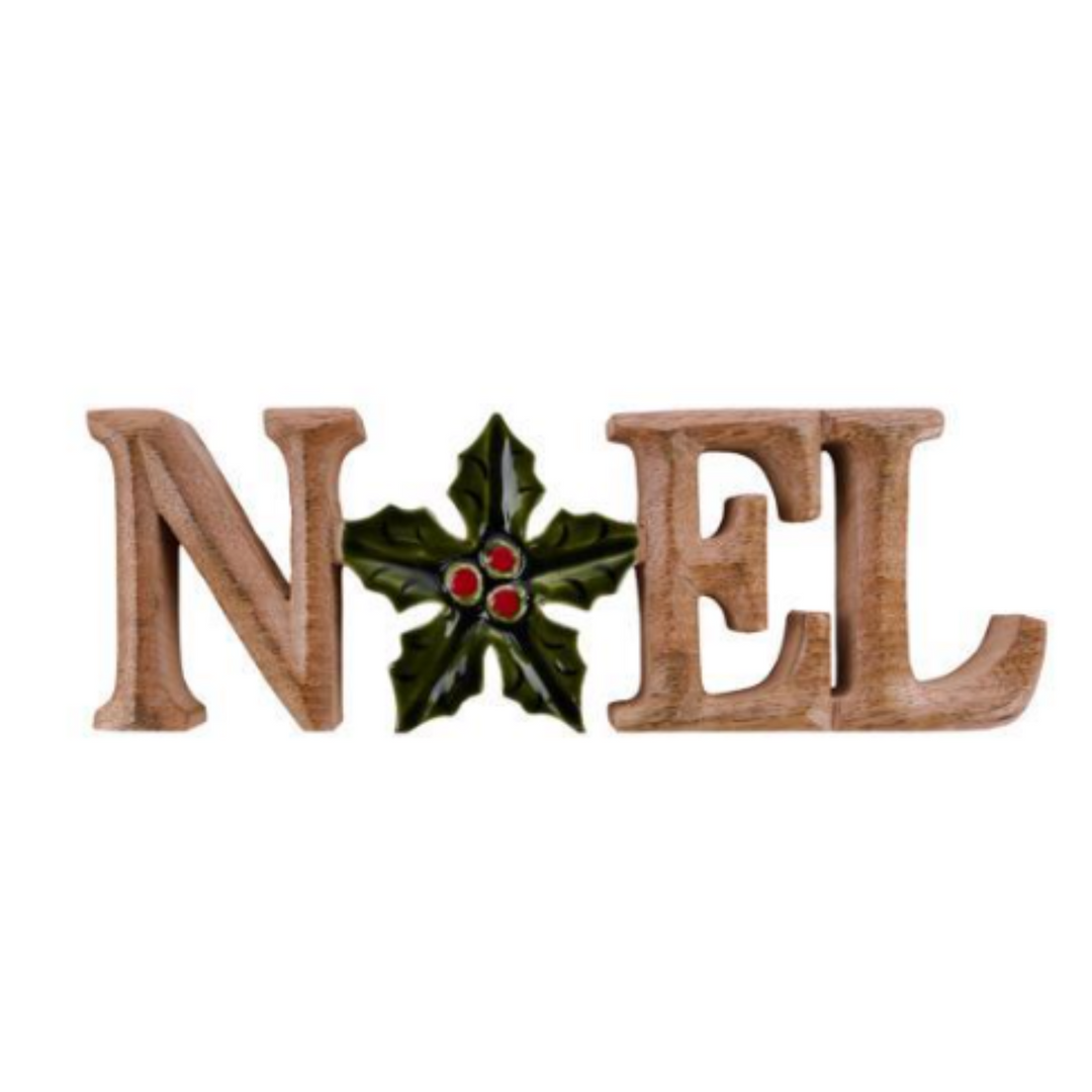 Wooden letters spelling 'NOEL' with a green holly leaf and red berries in the center, shown on a plain white background.