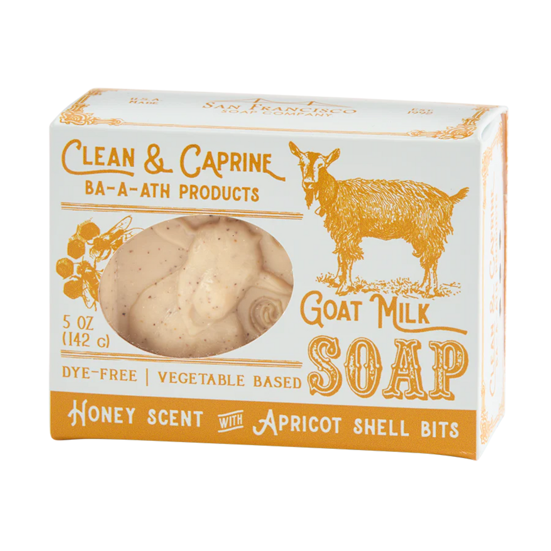 Box of Clean & Caprine goat milk soap with a goat illustration on a white background