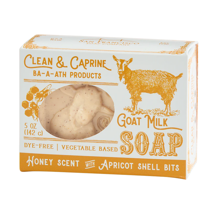 Box of Clean & Caprine goat milk soap with a goat illustration on a white background