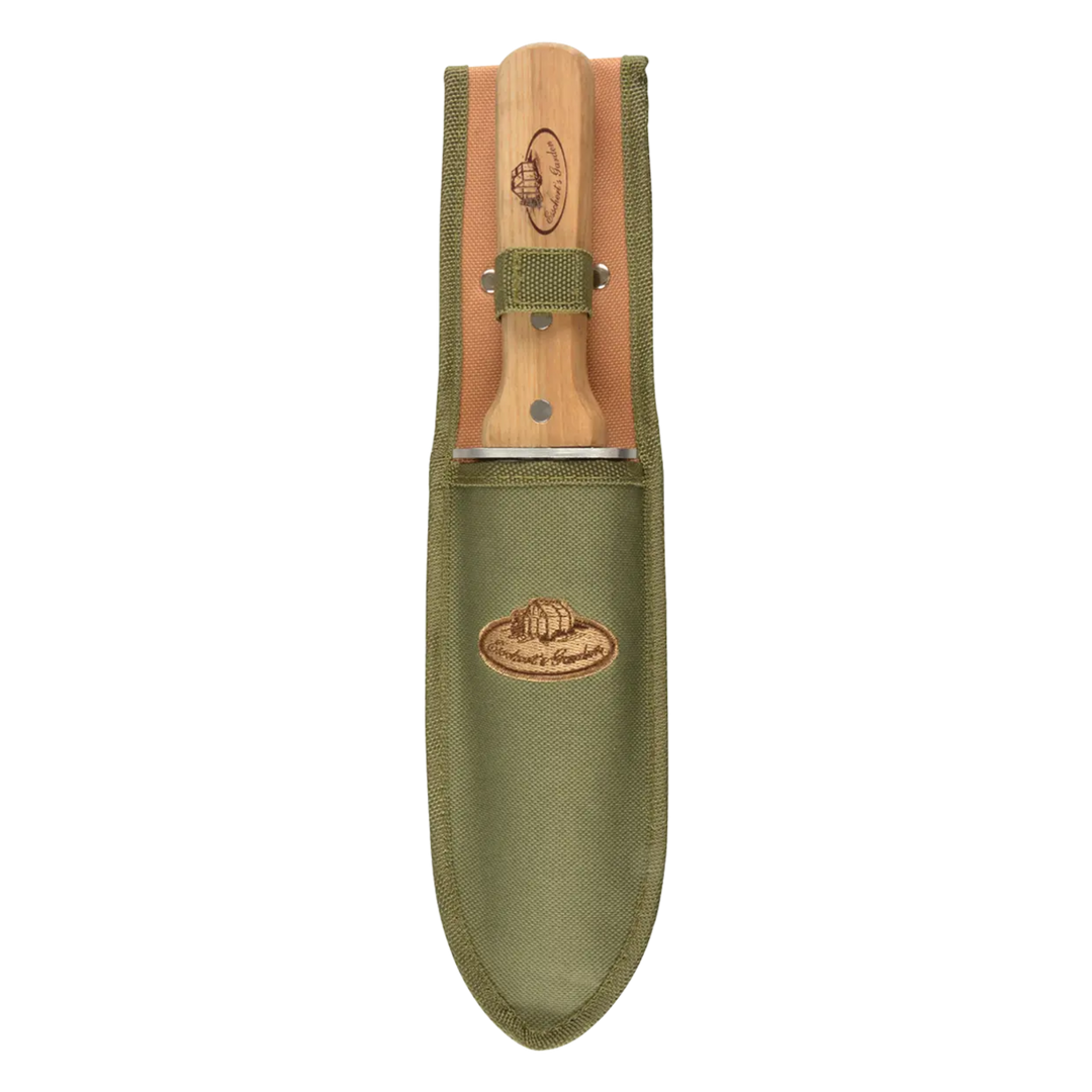 Knife with wooden handle and green sheath on a white background