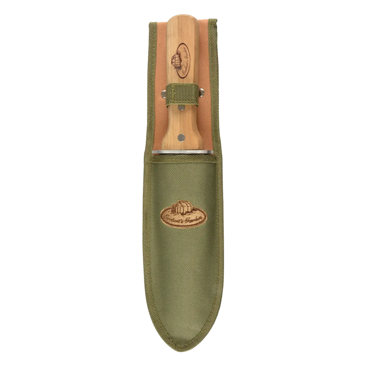Knife with wooden handle and green sheath on a white background