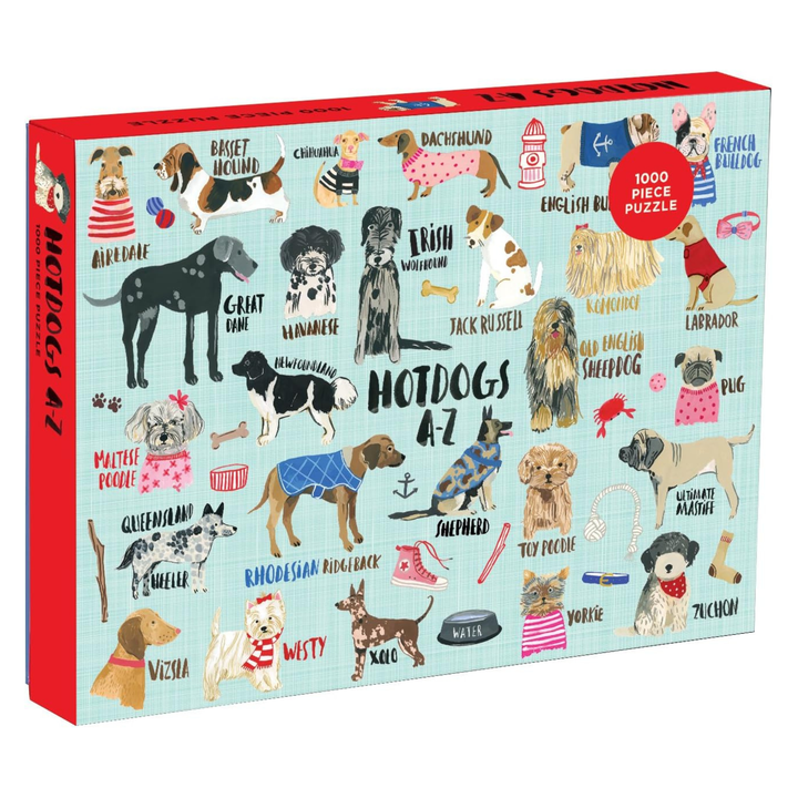 Puzzle box with illustrations of dogs and the text 'Hotdogs AZ' on a light blue background.