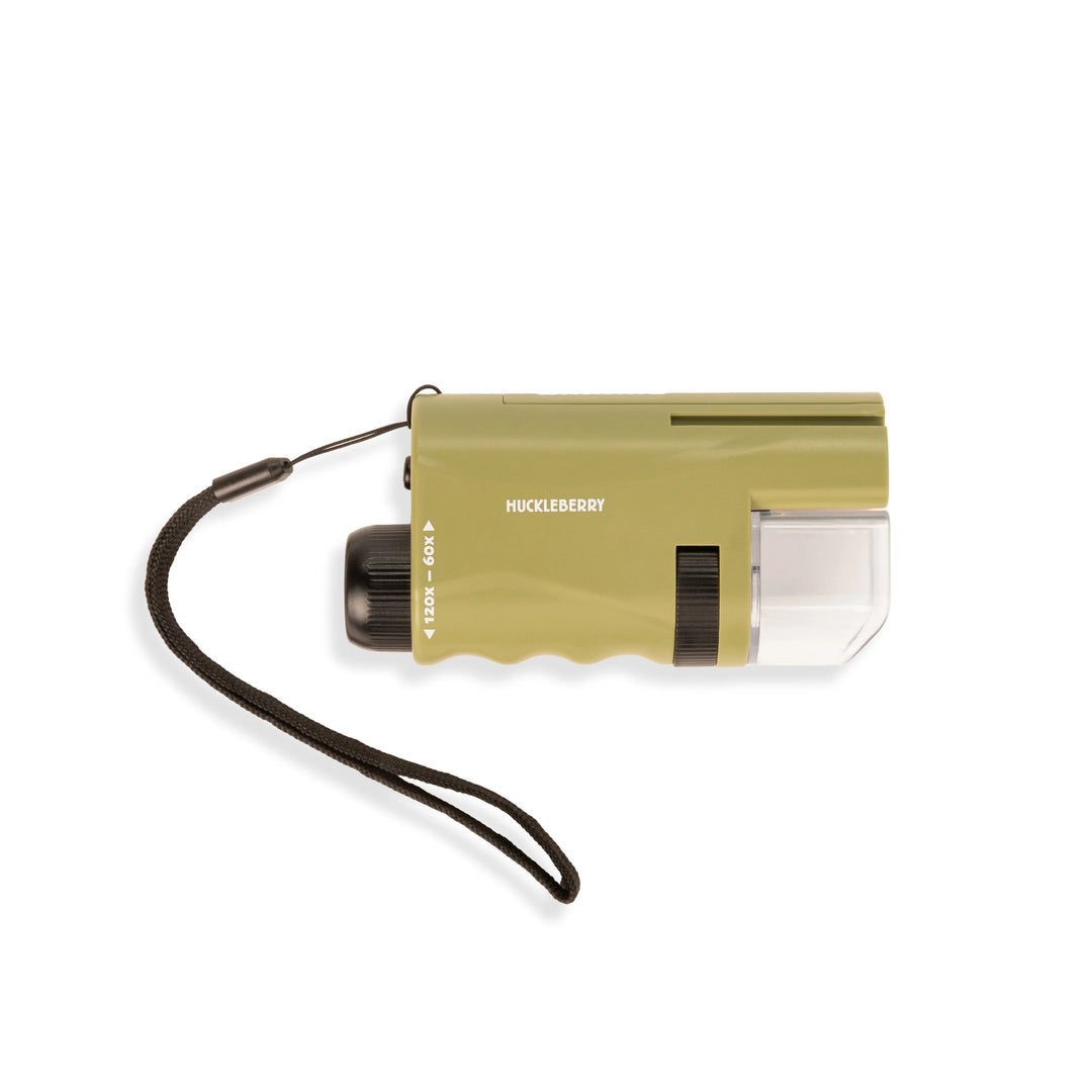 Green pocket knife with a lanyard on a white background, branded 'Huckleberry'.