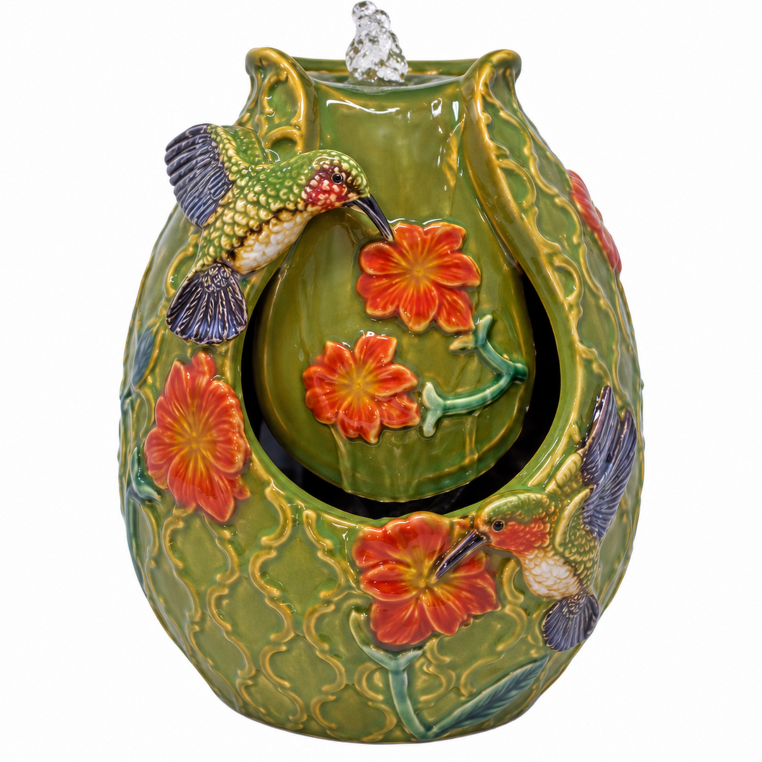 Decorative ceramic water feature with hummingbirds and flowers on a white background