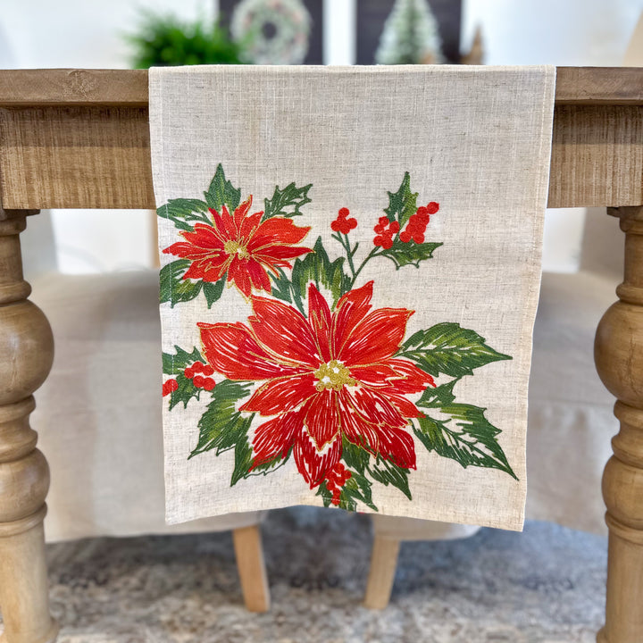 Poinsettia Holly Embroidered Table Runner