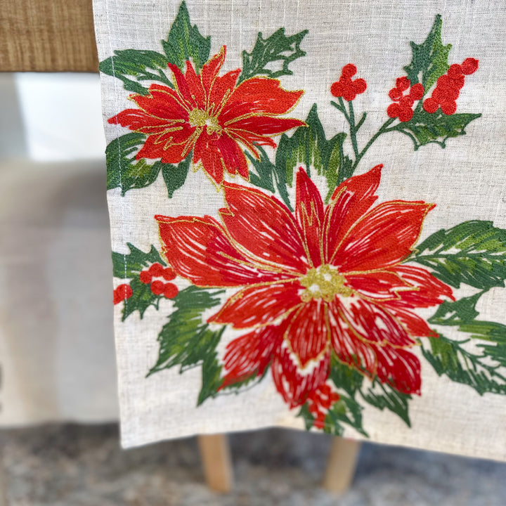 Poinsettia Holly Embroidered Table Runner