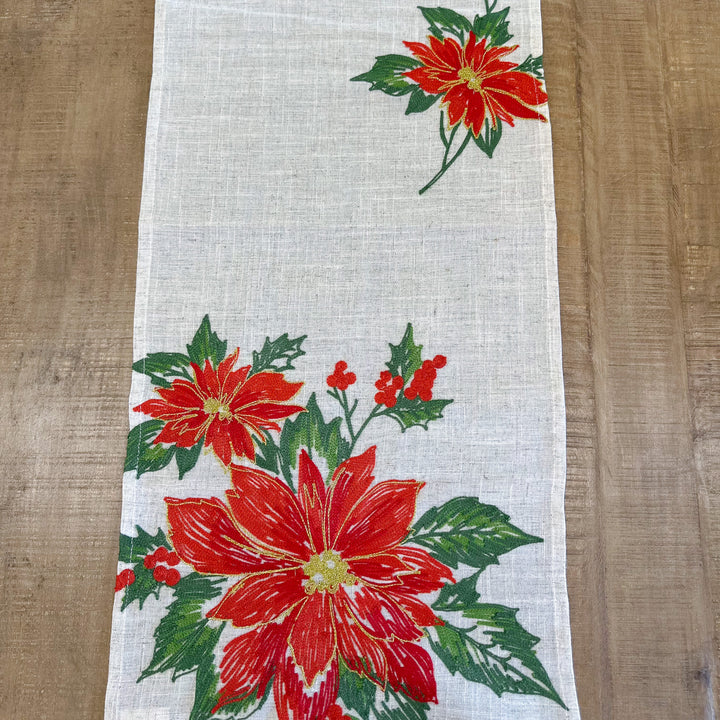 Poinsettia Holly Embroidered Table Runner