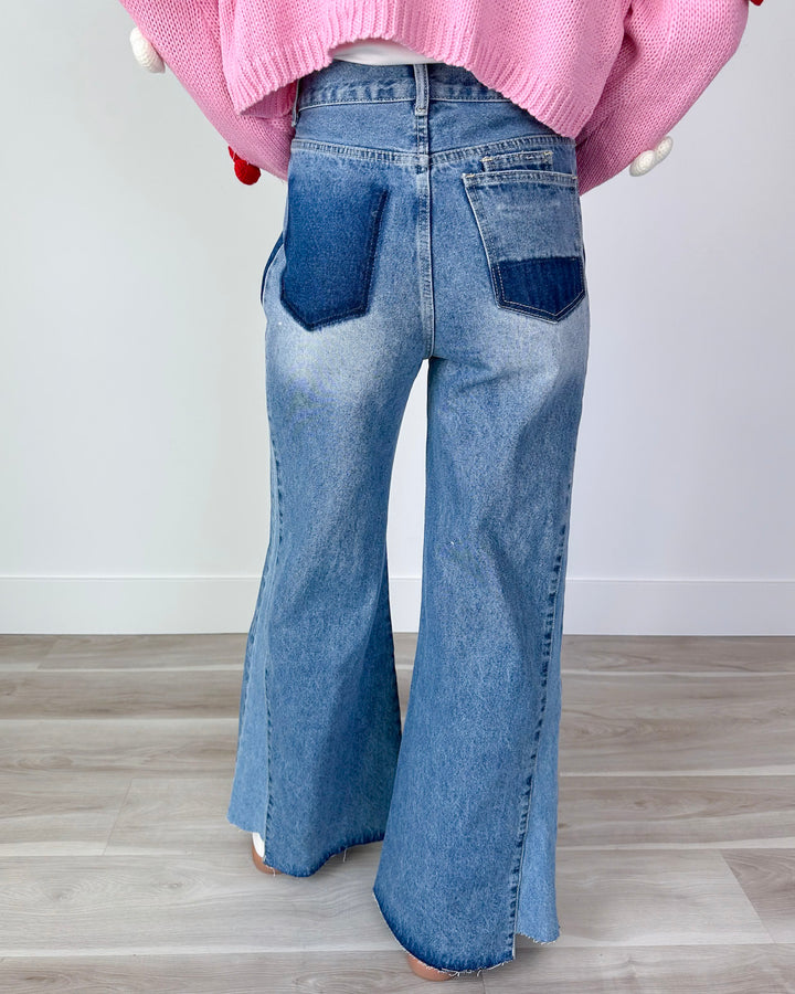 Washed Denim Bellbottom Pants