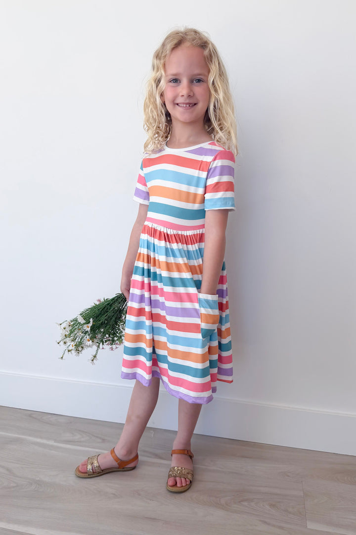 Spring Stripes Girl's Short Sleeve Pocket Twirl Dress