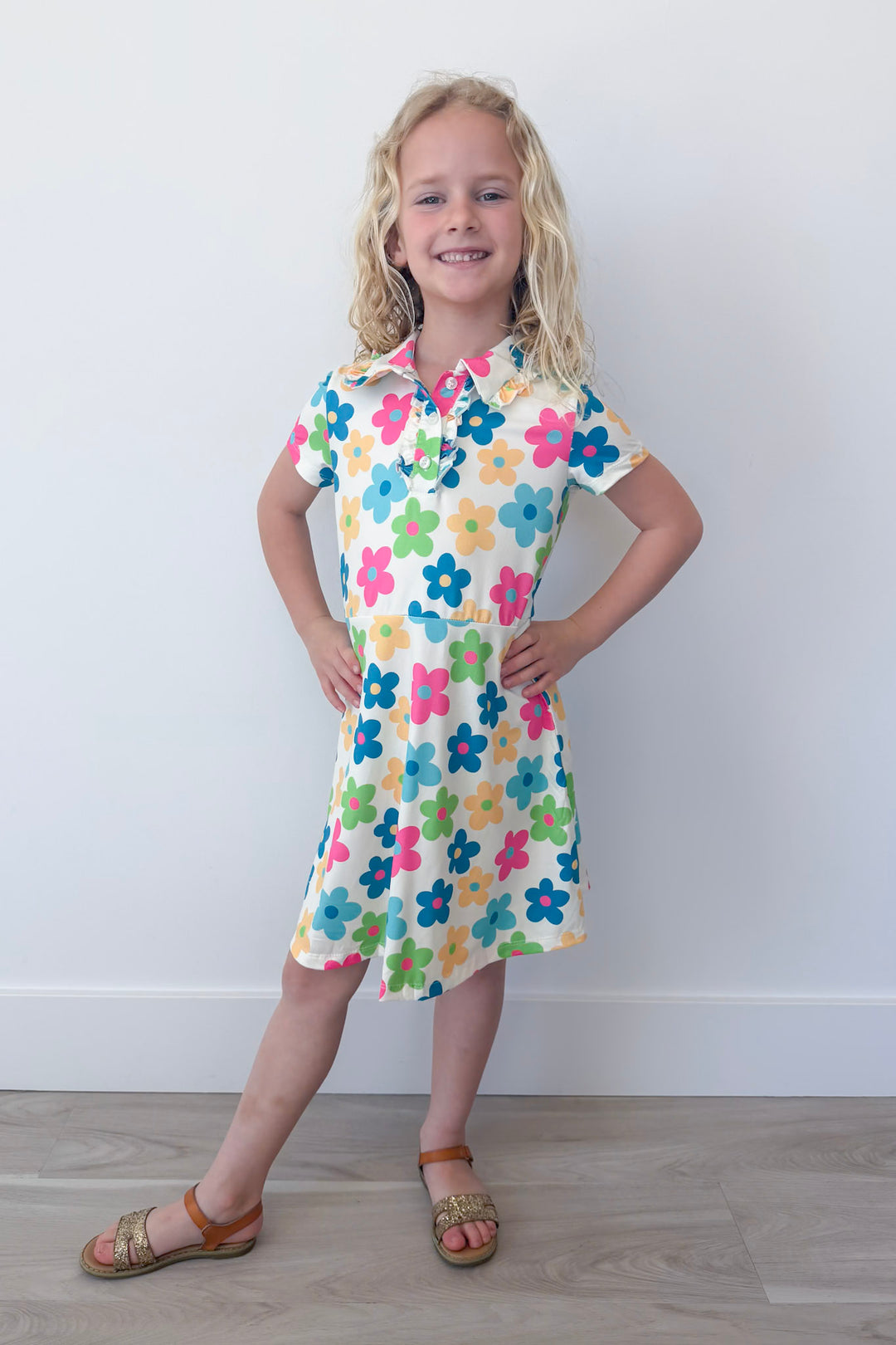Groovy Blooms Girl's Short Sleeve Polo Dress