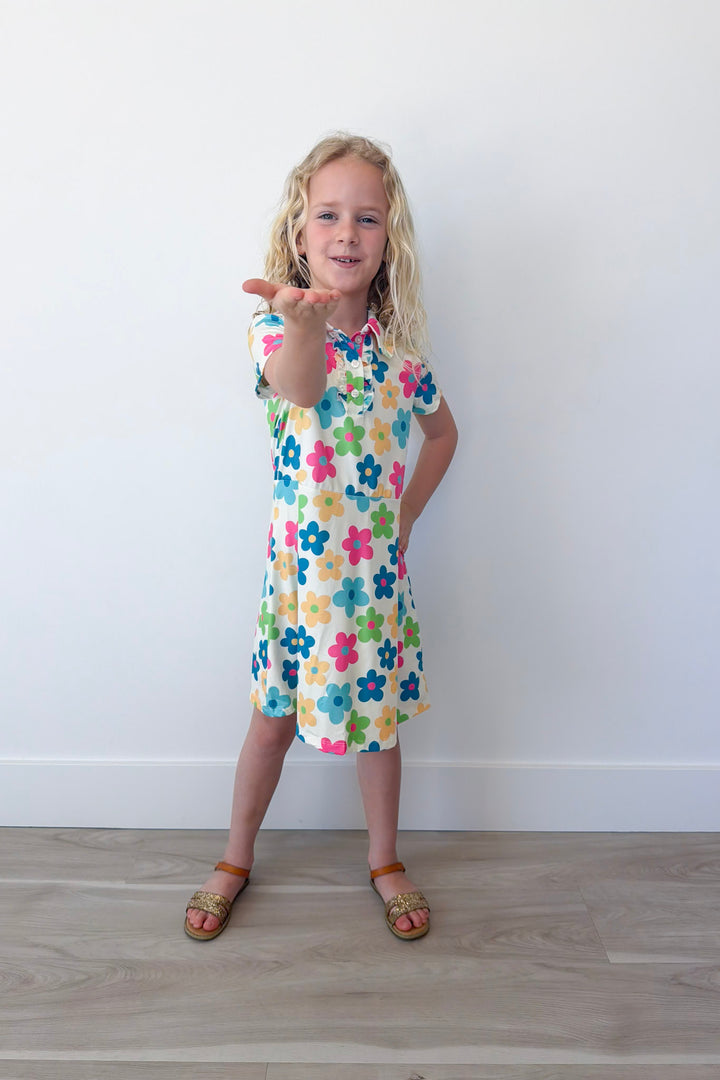 Groovy Blooms Girl's Short Sleeve Polo Dress