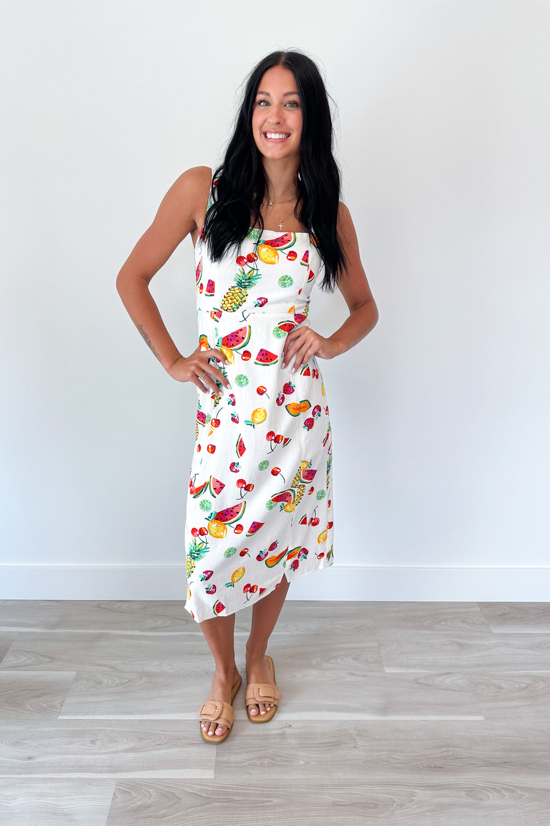 fruit cocktail dress 100% Cotton Ivory Tropical Fruit Print Midi Dress - All Dresses
