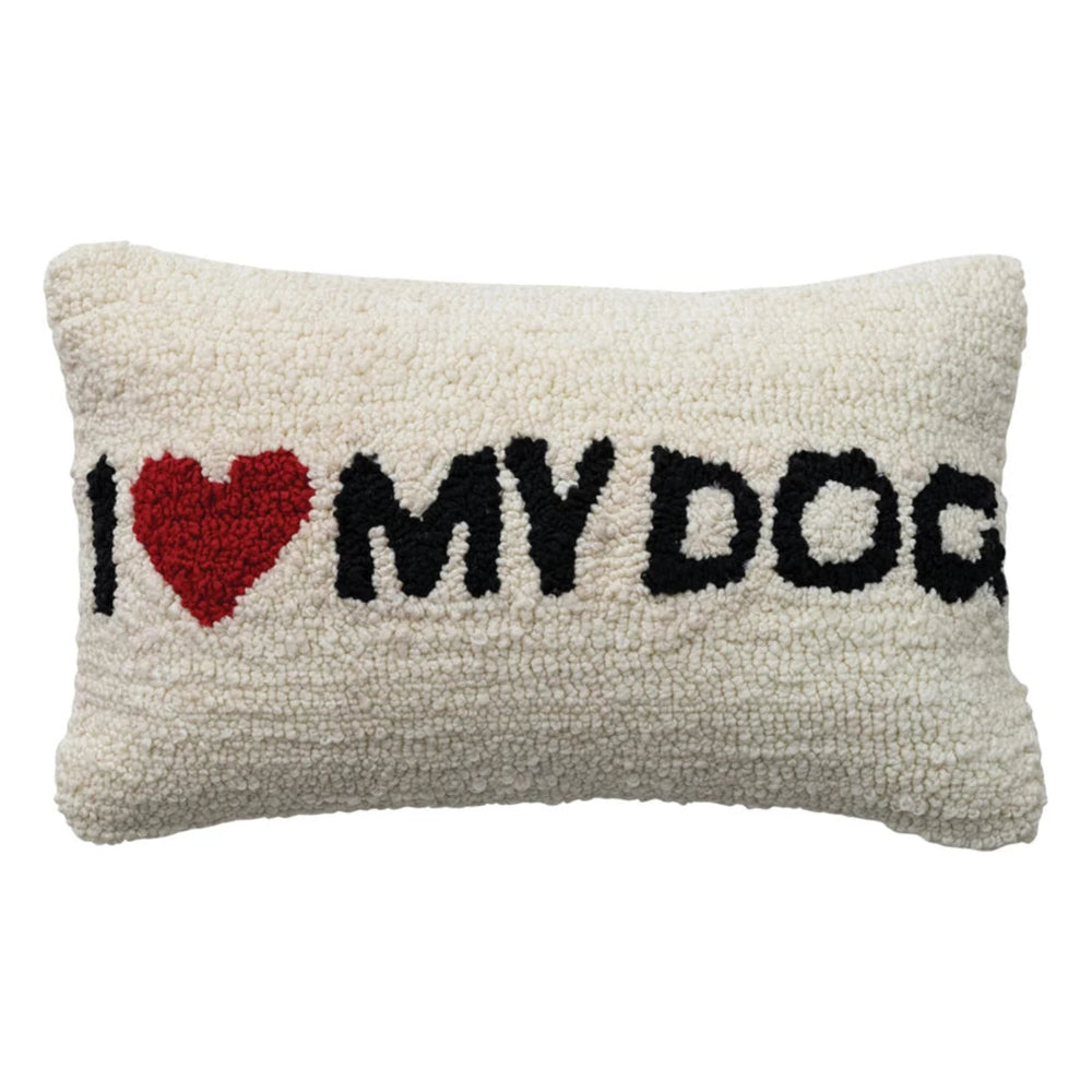 Decorative pillow with 'I ❤️ MY DOG' text on a white background