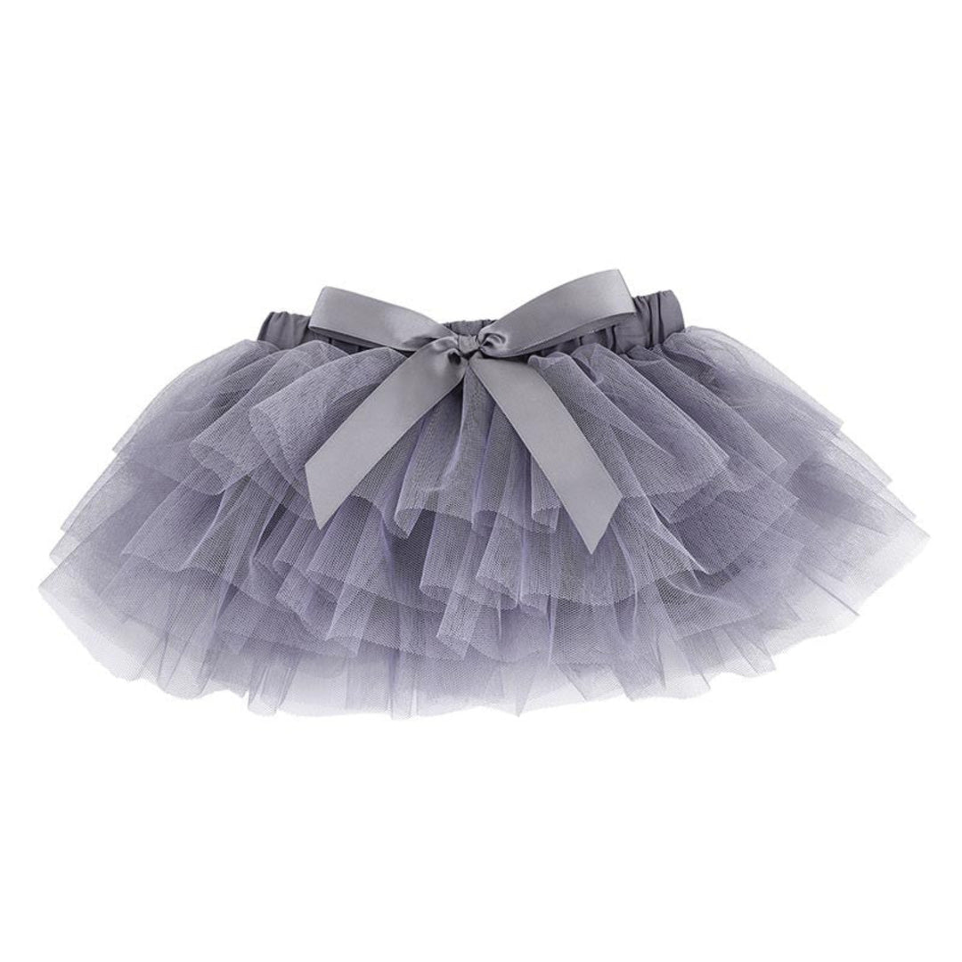 A gray tulle tutu skirt with a matching grosgrain ribbon bow at the waist, displayed against a solid white background.