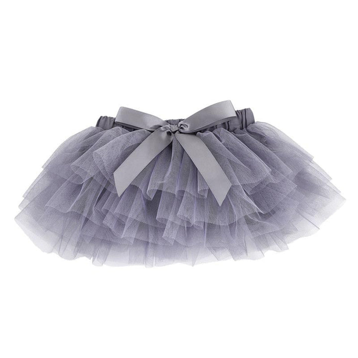 A gray tulle tutu skirt with a matching grosgrain ribbon bow at the waist, displayed against a solid white background.