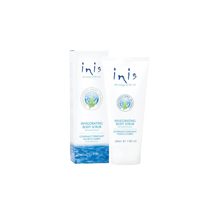 Two containers of 'inis' invigorating body scrub on a white background