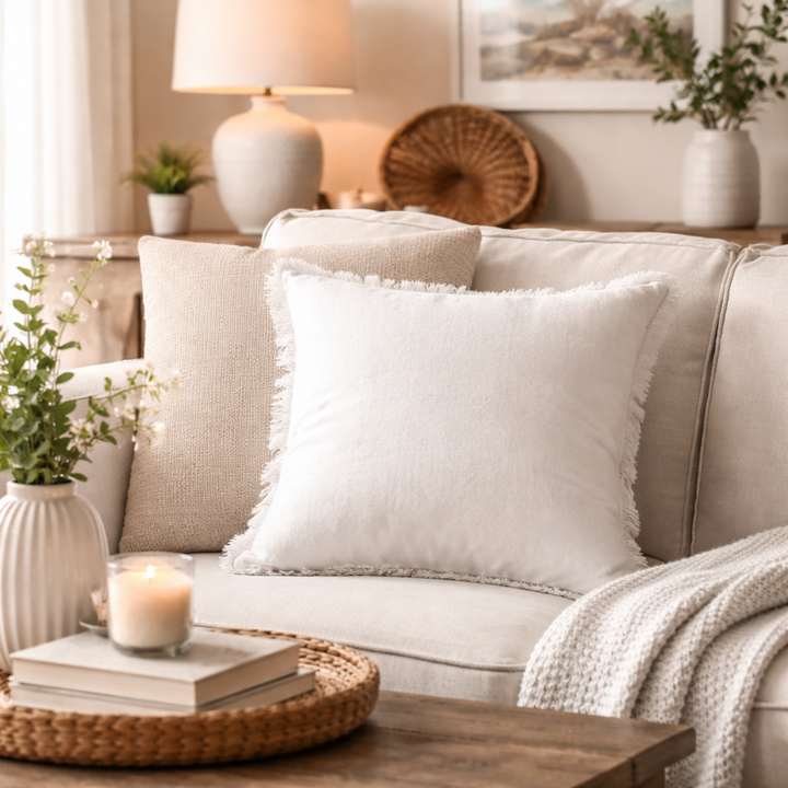Ivory Stonewashed Fringe Linen Pillow