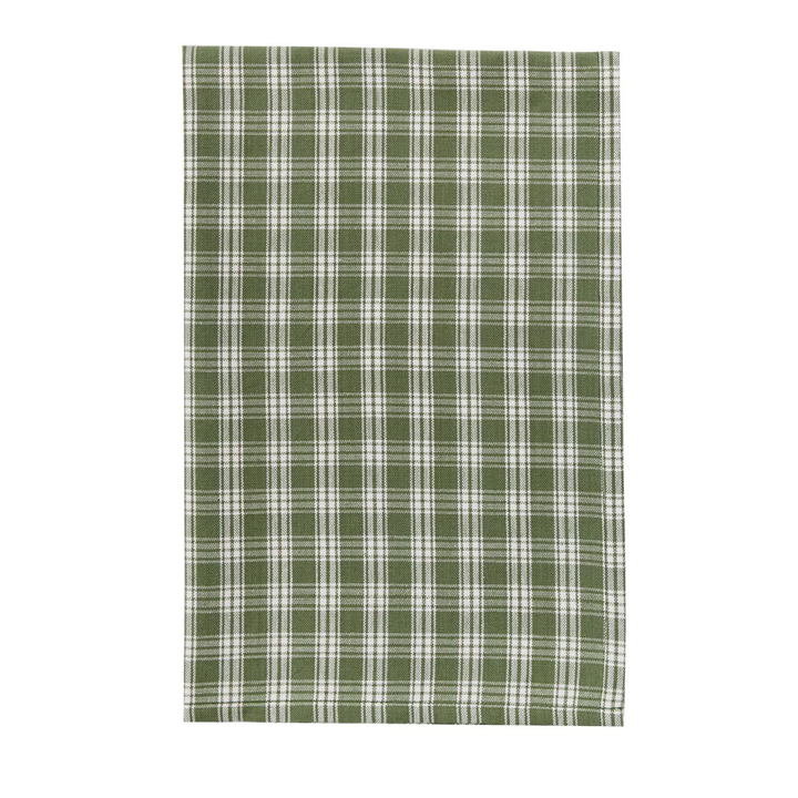 Green and white plaid fabric on a white background