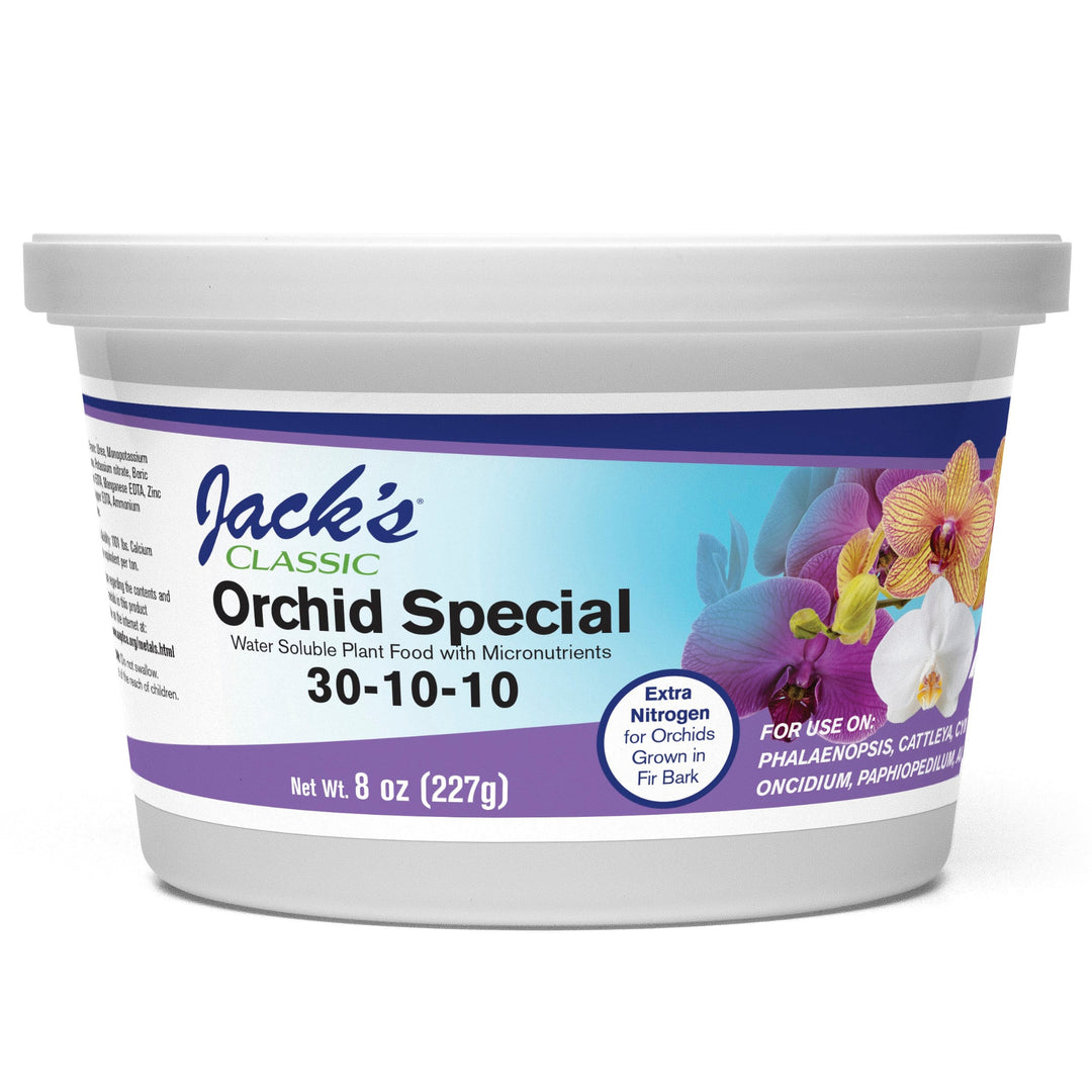 Container of Jack's Classic Orchid Special plant food on a white background