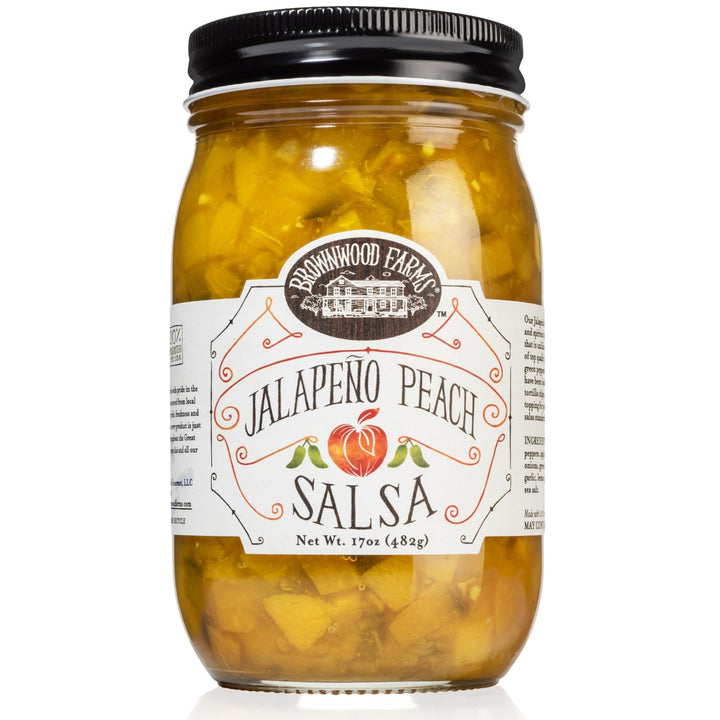 Jar of Brownwood Farms Jalapeno Peach Salsa with a white label on a white background