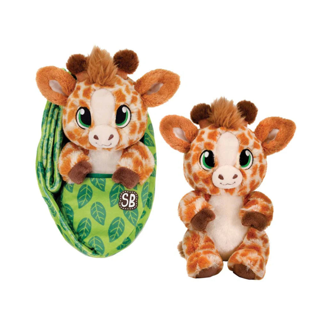 Two plush giraffes, one in a green leaf-patterned pouch, on a white background.