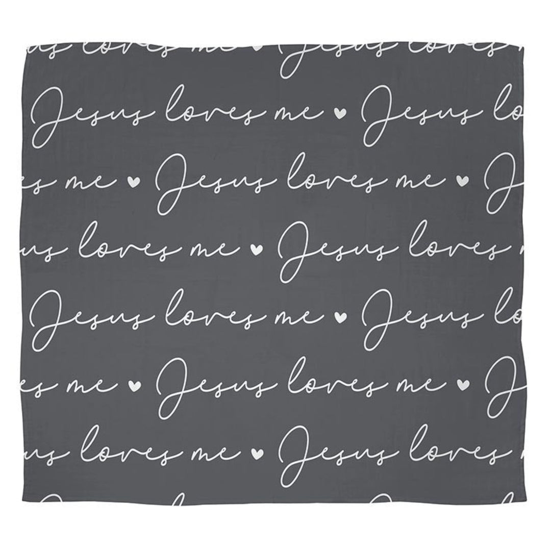 Gray blanket with 'Jesus loves me' text pattern