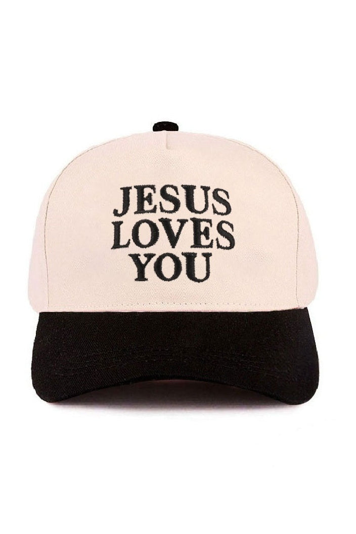 Cap with 'Jesus Loves You' text on a white background