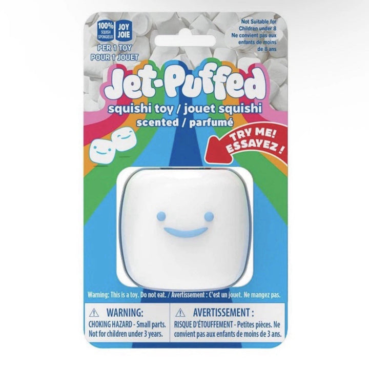 Jet-Puffed squishy toy packaging with a smiley face design on a white background