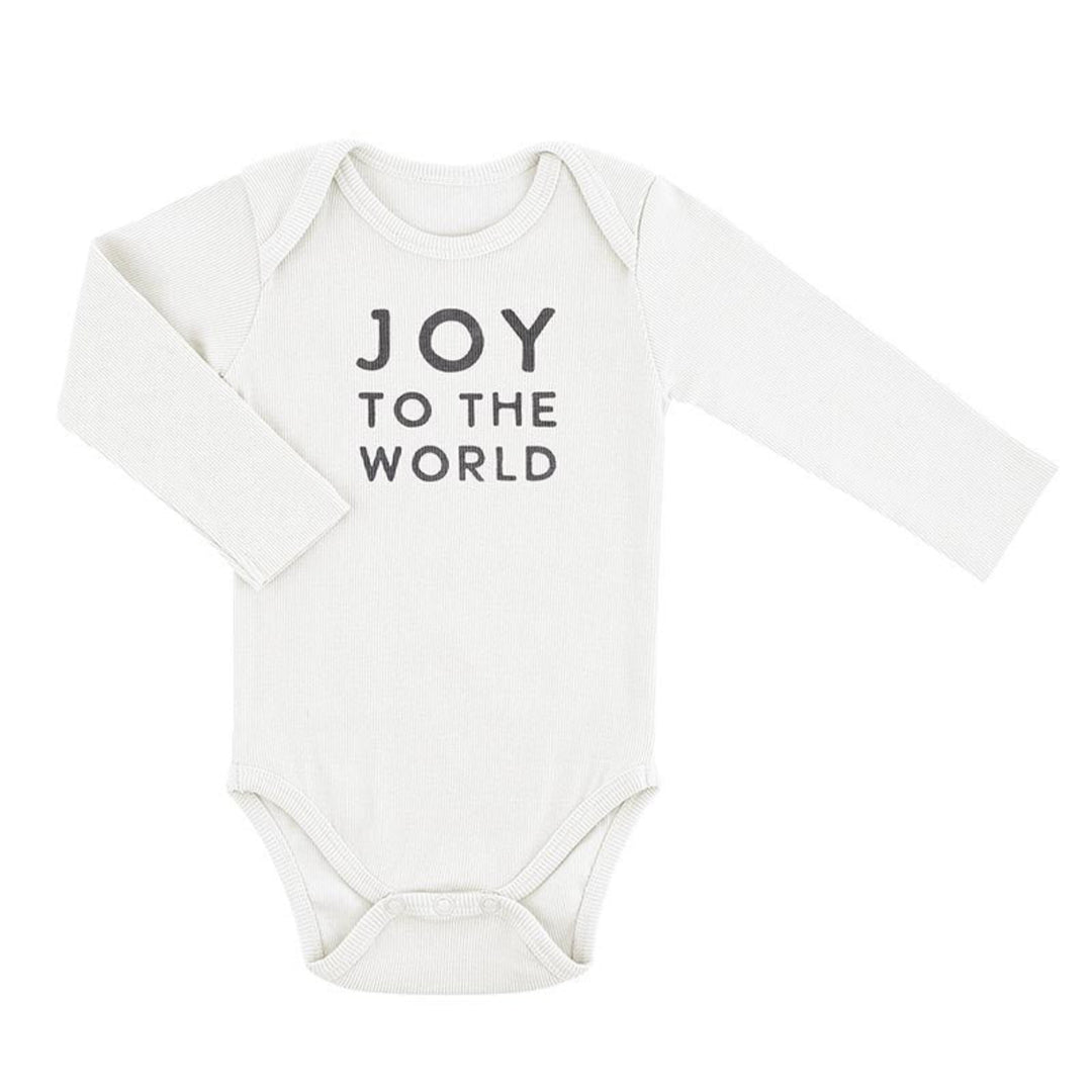 A long-sleeve baby bodysuit in off-white with the phrase 'JOY TO THE WORLD' printed in black capital letters on the chest, displayed against a solid white background.