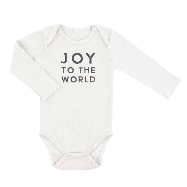 A long-sleeve baby bodysuit in off-white with the phrase 'JOY TO THE WORLD' printed in black capital letters on the chest, displayed against a solid white background.