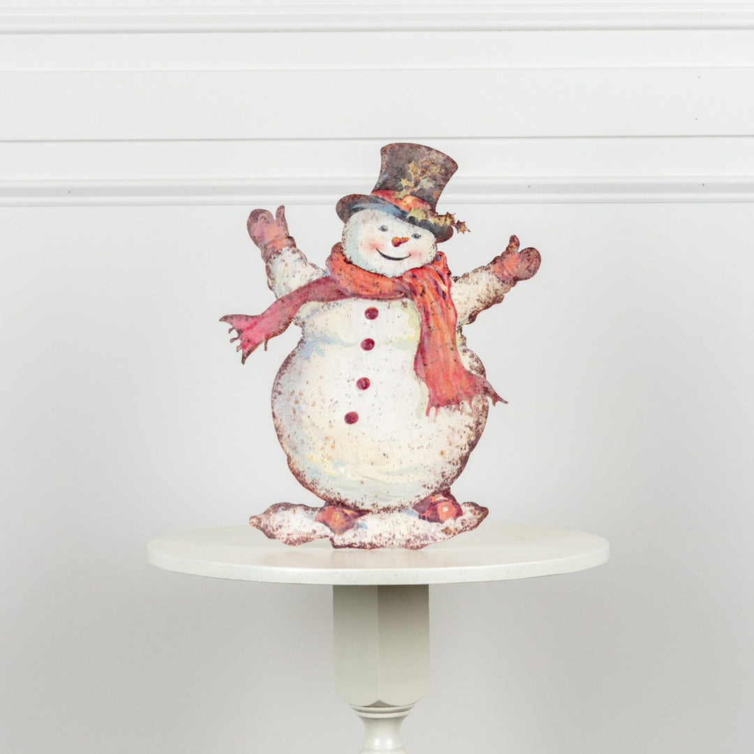 Decorative snowman figure with a top hat and scarf on a white pedestal against a light gray background.