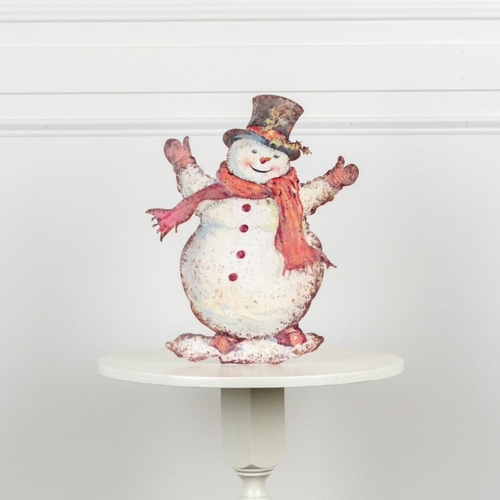 Decorative snowman figure with a top hat and scarf on a white pedestal against a light gray background.