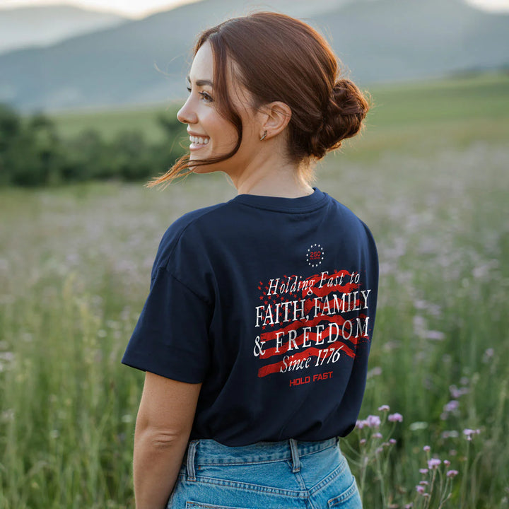 Hold Fast Faith Family & Freedom Navy Tee