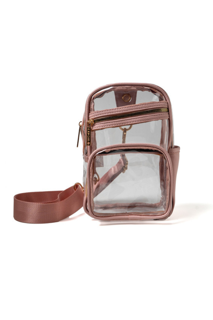 Clear bag with pink strap and accents on a white background