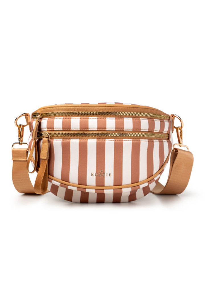 Striped crossbody bag with brown and white stripes on a white background