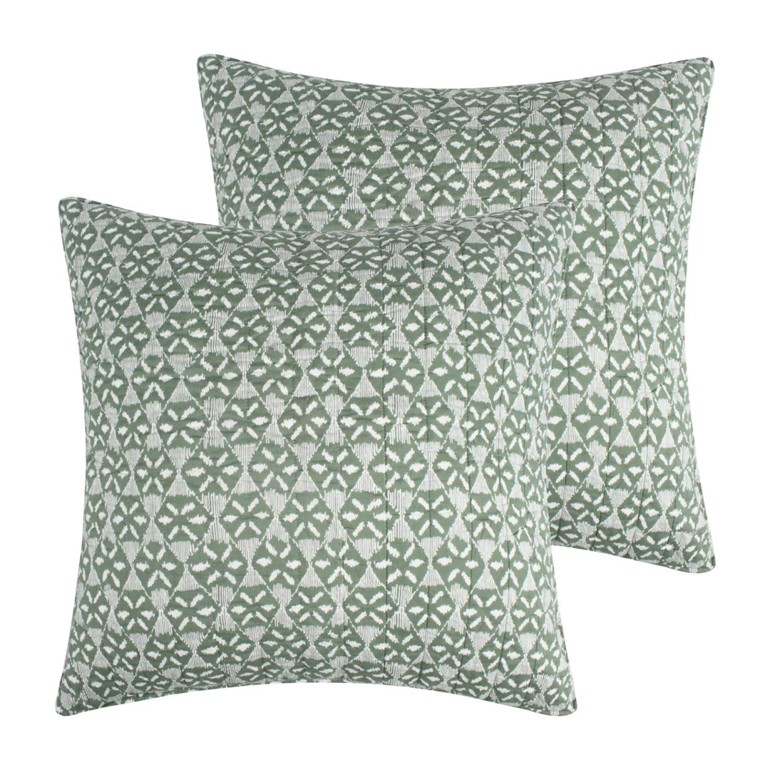 Two green patterned pillows on a white background