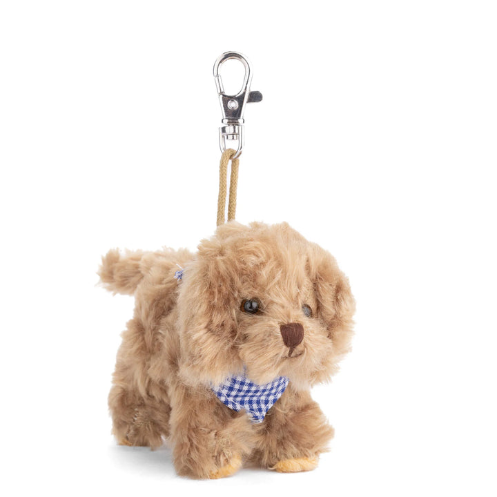 Plush dog toy with a blue checkered bow tie and keychain clip on a white background