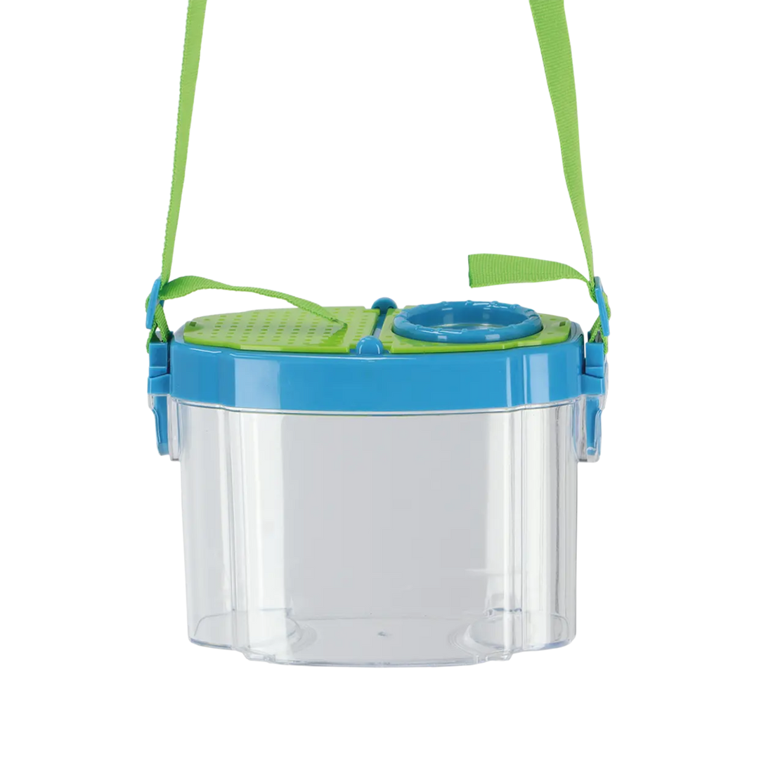 Clear container with blue lid and green handles on a white background