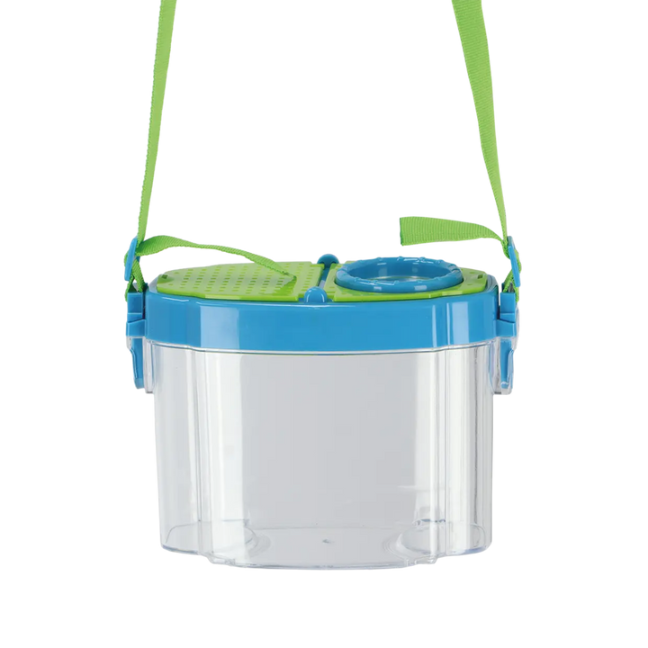 Clear container with blue lid and green handles on a white background