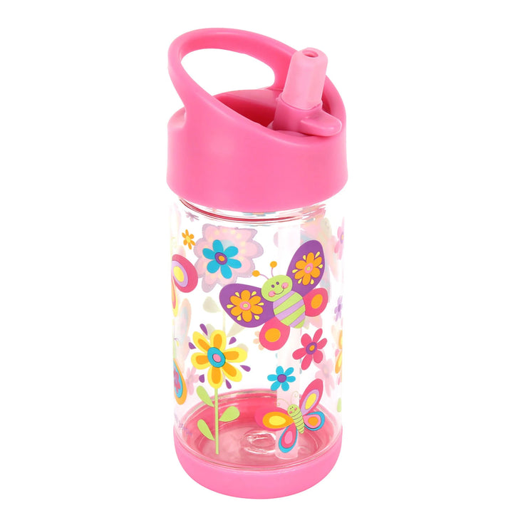 Pink children's water bottle with floral and butterfly design on a white background