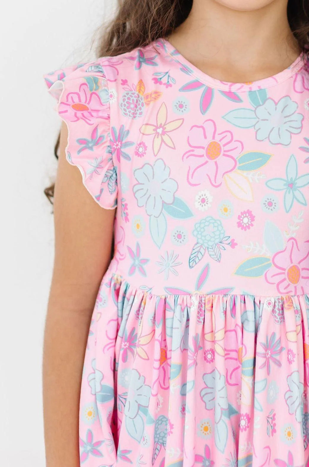 Beachy Blooms Girl's Flutter Sleeve Twirl Dress