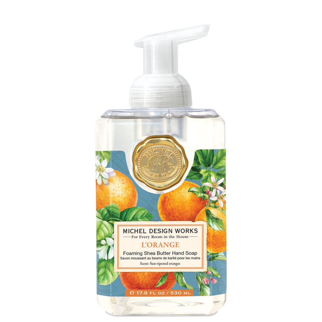 Foaming Shea Butter Hand Soap bottle with orange design on a white background