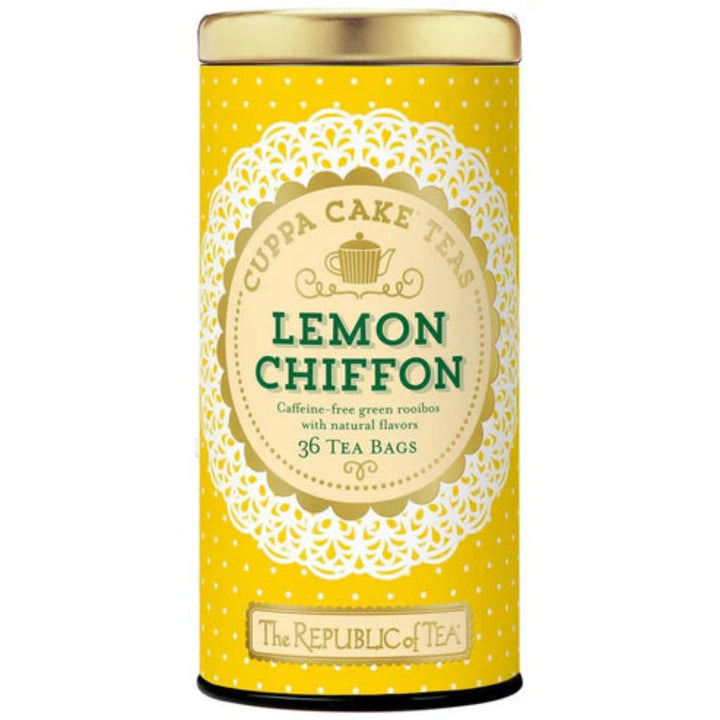 Yellow tea canister labeled 'Lemon Chiffon' from Cuppa Cake Teas on a white background