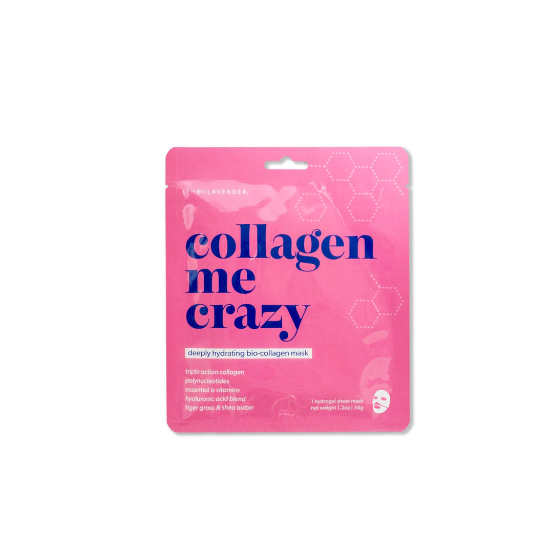 Collagen mask packaging with pink background and text