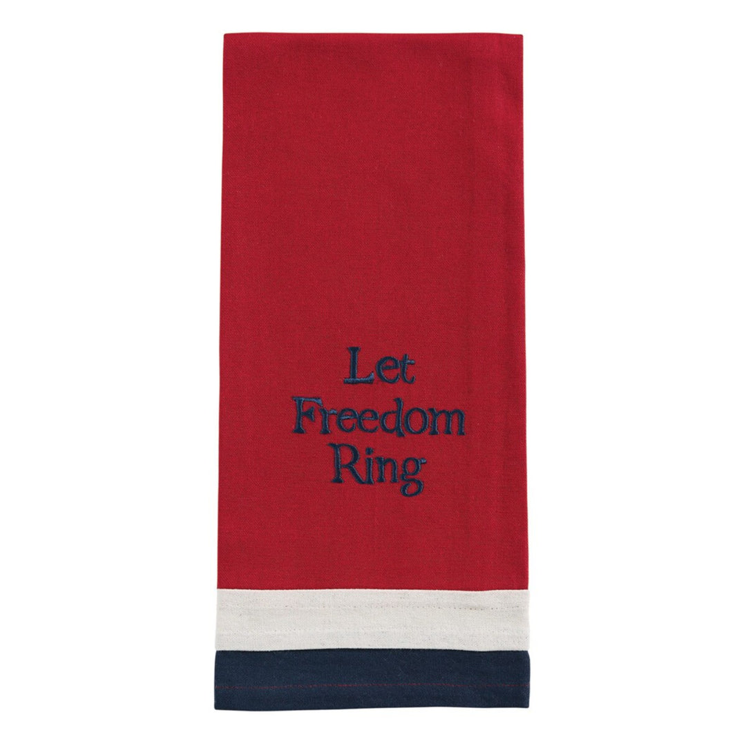 Red towel with 'Let Freedom Ring' text on a white background